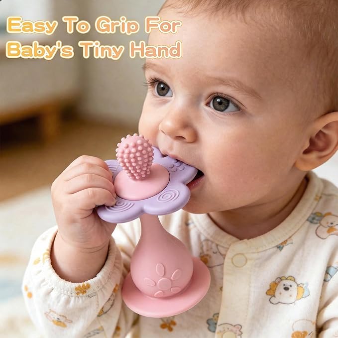 Baby Silicone Flower Teether & Rattle Toys for Babies 0-24 Months, Nipple-Shaped End for Sucking Needs - 360° Toothbrush Teether Head for Sore Gums, Stand-up Base, Flower Texture, Easy to Grip -Pink