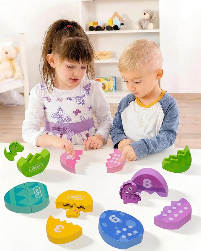 Toddlers Learning Toys Wooden Number Counting Montessori Educational Toys Matching Eggs Dinosaur Toys Sorting Fine Motor Games Christmas Birthday Easter Gift for Kids Boys Girls Ages 3+