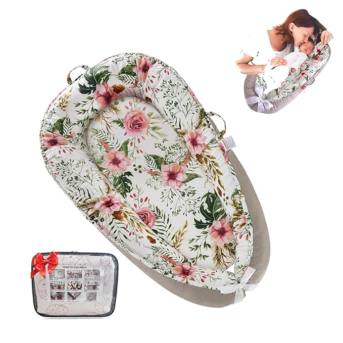 Baby Lounger for Newborn (0-24 Months)-100% Cotton Baby Nest Adjustable Size, 2-in-1 Play Mat & Diaper Changing Pad, Portable for Home&Travel, Infant Essentials Gifts(Grey-Edged Flower Bouquet)