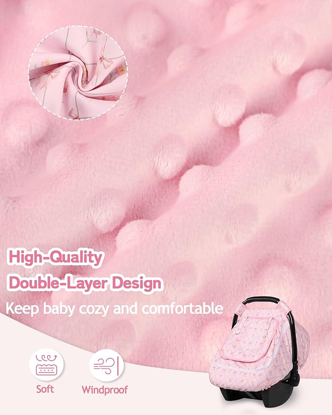 Car Seat Cover Baby Girls, Infant Carseat Covers with Mesh, Dual-Layer Protection for Summer Winter, Easy Access Newborn Canopy Breathable, Windproof & Fit Baby Stroller, Flower Bow