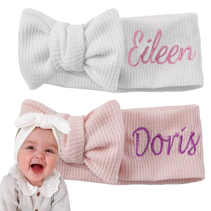 Ulico Personalized Girl Headband,Custom Baby Girls Headband with Embroidered Name, Newborn Headbands with Bow Baby Shower Gift（2 Pack ）