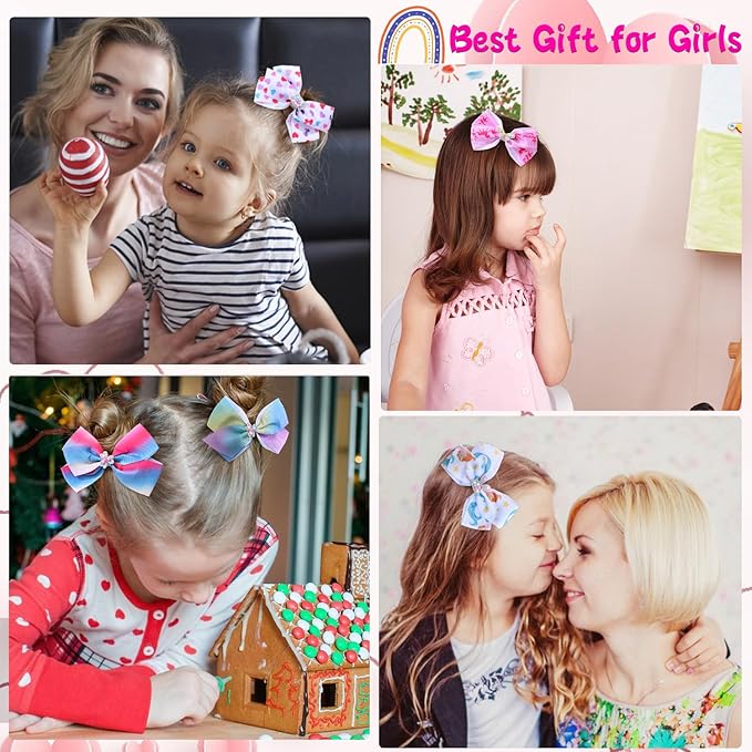 12 Pcs 5 Inch Hair Bows for Girls,Colorful Rainbow Heart Girls Hair Bows Grosgrain Ribbon Hair Bow With Alligator Clips for Toddlers Little Children Kids Teens