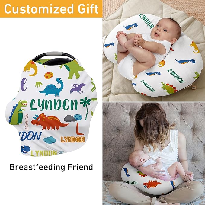 Personalised Car Seat Cover for Babies - Multi-use Carseat Canopy Cover with Name, White Dinosaur Print Car Seat Covers, Birthday Gifts for 0-2 Years Infant Boys and Girls(27"x29")