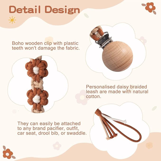 Pacifier Clip for Boys Girls Floral Daisy Macrame Paci Clip Boho Wooden Clips Handmade Braided Cotton Pacifier Holder Leash Baby Shower Birthday Gift (Caramel