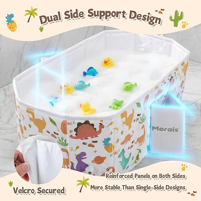 MORAIS Toddler Bathtub Collapsible & Portable, Foldable Baby Bath Tub for Shower & Travel, Dual Drain Plug with Thick Padded Bottom, Easy to Clean, Space-Saving Tub, 12 Months+