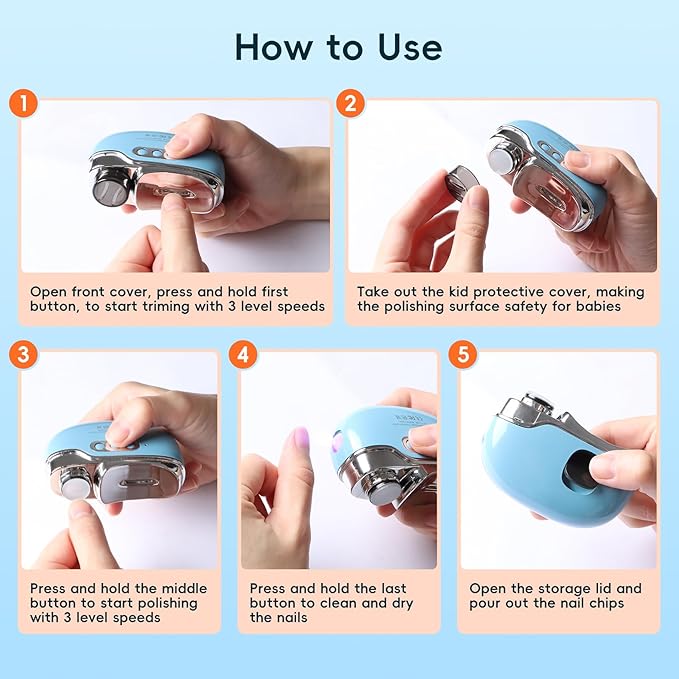 Electric Nail Trimmer, Safe & Easy Electric Nail File, Baby Nail Clipper & Nail Trimmer Kit for Newborn, Toddler, or Children Fingernails LED Light, Storage Case (Blue)