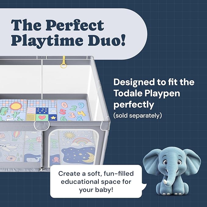 Todale Foldable Baby Play Mat, 50x50 Inch Padded Floor Mat for Infants and Toddlers, Non-Slip Waterproof Tummy Time Mat for Playpens, Educational Activity Area with Numbers and Animals