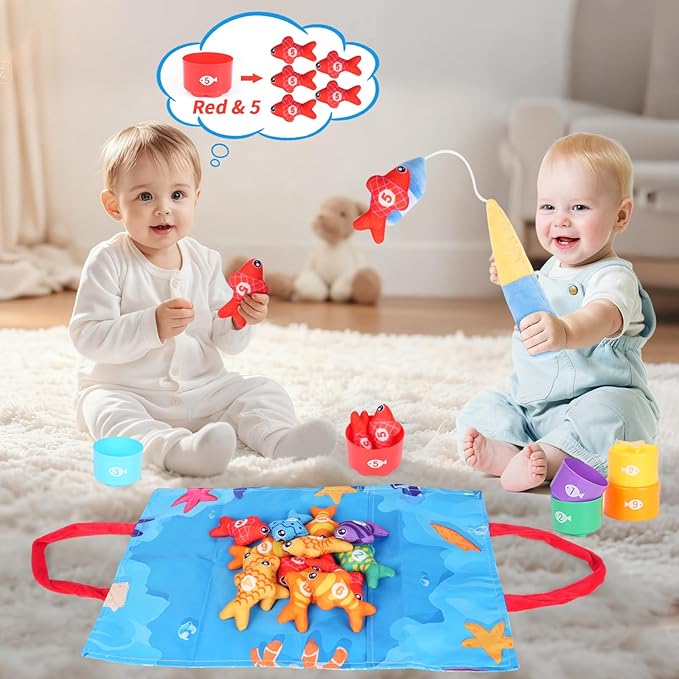 Fishing Game for Toddlers 1-3, Montessori Fishing Toy Set with 29PCS Cloth Fish & Stacking Cups, Educational Toys for Number & Color Sorting, Birthday Gifts for 1 2 3 Year Old Boys Girls