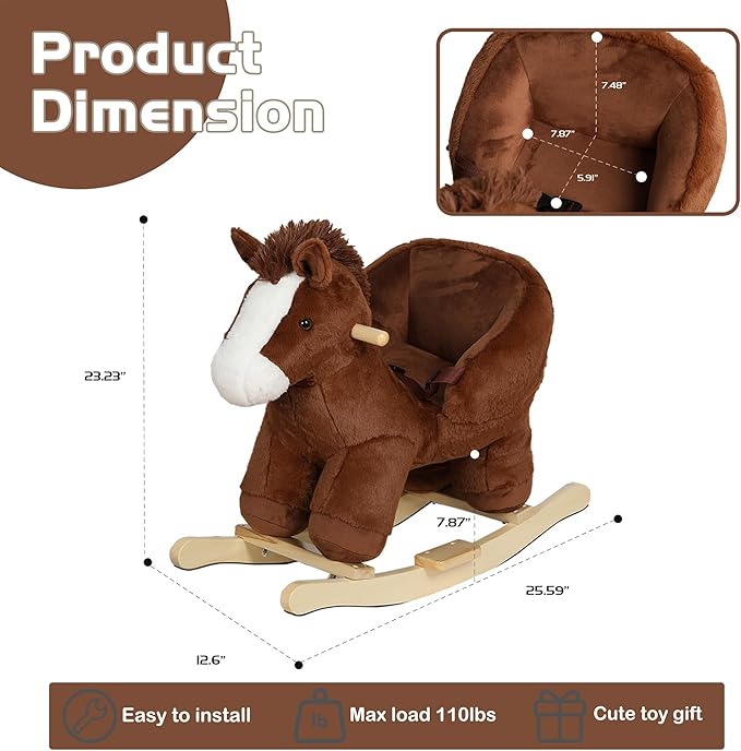Baby Rocking Horse, Baby Rocking Chair for Toddlers 1-3 Years, Soft Plush Wooden Ride-on Toy with Sound Rocking Animal for Baby Boys and Girls Child Birthday Gift, CPC&CE Certified (Brown-002)
