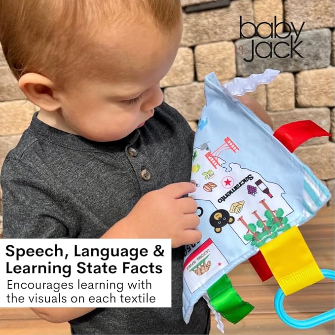 Baby Jack & Co 8x8” Learning Lovey Nevada State Tag Stroller Toy for Babies - Crinkle Toys for Developing Five Senses - Learn About Capitals - Travel with Baby Jack - BPA Free Clip
