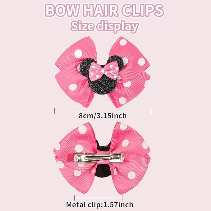 Ayesha Mouse Ears Hair Clips, 3 Inch Grosgrain Ribbon Mouse Bow Hair Clips for Girls, Hair Accessories for Baby Girls, Toddler Kids, Costume Birthday Party