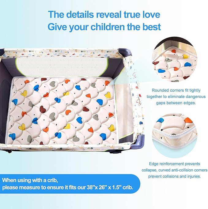 Pack and Play Mattress (38 "x26 "x1.5"),Skin Friendly Fabric, Soft, Breathable and Quiet, Provides Baby Friendly Support and Helps Healthy Spine Development,Pack and Play Topper,Cute Heart Pattern
