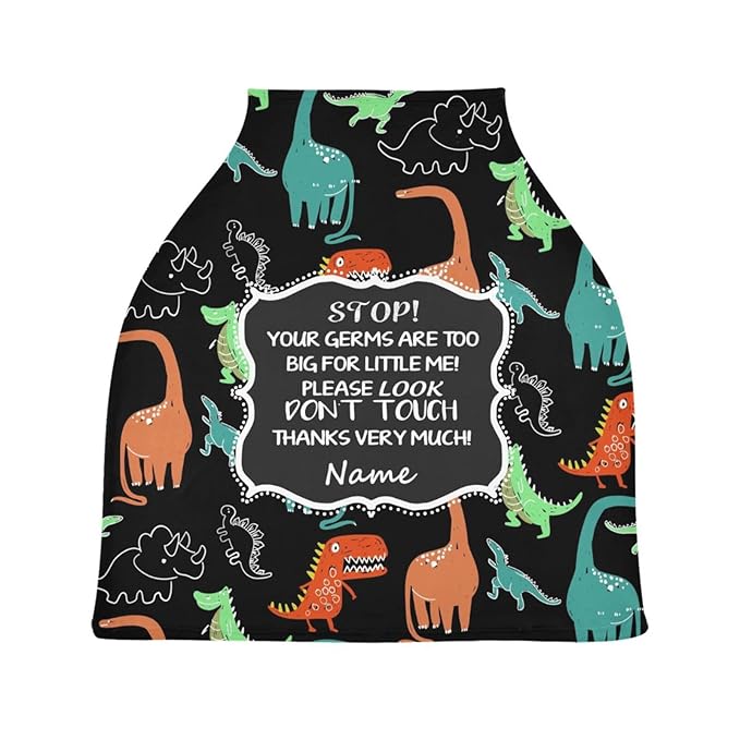 Personalized Dinosaur Baby Car Seat Covers for Boys, Customized No Touching Sign Carseat Canopy with Name, Infant Stroller Covers Multiuse Nursing Covers Breastfeeding Scarf, Newborn Gifts
