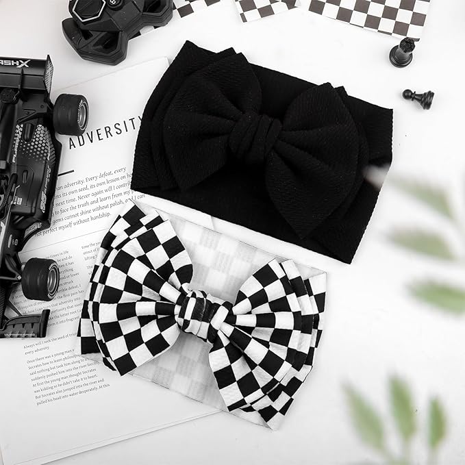 YanJie 2PCS 7’’ Black Bows for Baby Girls Checkered Headband Double Layered Bow Infants Toddler Hair Accessories Newborn Headbands Baby Clothes
