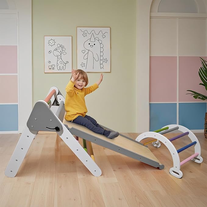 Pikler Triangle Climbing Set for Toddler 7 in 1 Rainbow Indoor Climber Set Foldable Montessori Wooden Climbing Toy with Ramp and Arch Indoor Gyms Playground for Toddlers Kids