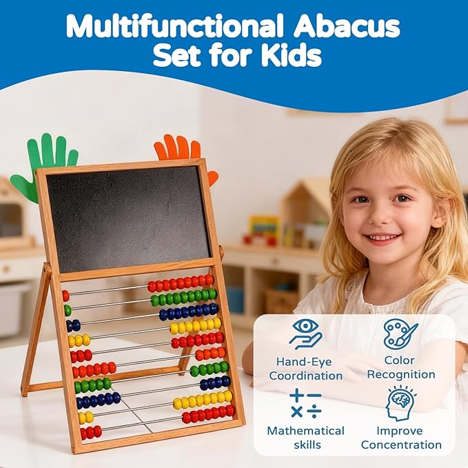 Wooden Abacus for Kids Math - Double-Sided Black/Whiteboard for Toddlers with 152 Magnetic Number & Fruit Cards, 100 Counting Sticks and Number Blocks Finger Counting Toys Homeschool Essentials