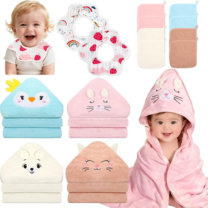 Sublaga 14 Pcs Baby Towels, Soft Baby Towel and Washcloths Set, 4 Pcs 32x32 in Hooded Bath Towel, 8 Pcs Baby Washcloths and 2 Pcs Cotton Baby Bibs for Newborns, Toddlers, and Kids for Boys and Girls