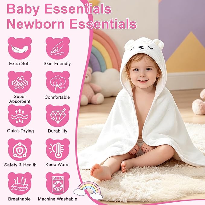 14PCS Baby Bath Towels Set for Newborn, 4PCS Animal Hooded Baby Towels(31.5''x31.5'') & 10PCS Washcloths for Toddler, Soft and Absorbent Coral Fleece, Essential Gifts for Boys & Girls