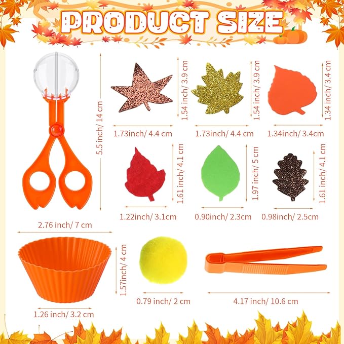 Blosssound 265 Pcs Fall Fine Motor Thanksgiving Counting Sorting Sensory Bin Filler Set Includes Pom Poms Fall Leaves Sorting Cups Tweezers Scissors Clips for Autumn Thanksgiving Decor Early Education