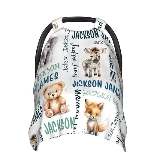 Personalized Baby Car Seat Cover Winter Custom Minky Carseat Cover Boy Girls with Name Woodland Carseat Canopy Customized Car Seat Canopy Infant Carrier Covers Nursing Cover Toddler Blanket