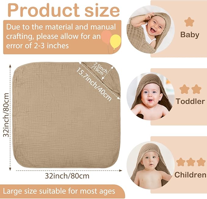 Peryiter 6 Pcs Muslin Hooded Baby Towels, 32"x 32" Cotton Newborn Bath Towel Muslin Infant Baby Blankets Absorbent Unisex Newborn Registry Gift Essentials for Girls Boys (Pink,Blush,Red)