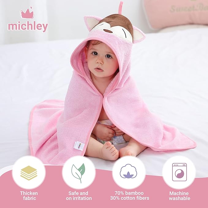 MICHLEY Bamboo Viscose Baby Hooded Bath Towel for Boys and Girls, 29.5 x 29.5 Inch Ultra-Soft and Quick-drying Infant Bath (Pink Fox)