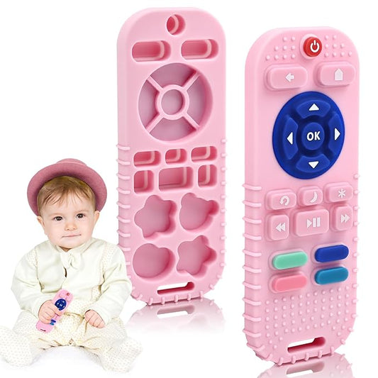 Baby Teething Relief Sensory Chew Toys for 3 6 9 12 Months, Silicone Infant Teether Remote Control Bath Toy for Newborn Toddlers Boy Girl Autism Baby Shower Birthday or Easter Gifts, Dark Pink