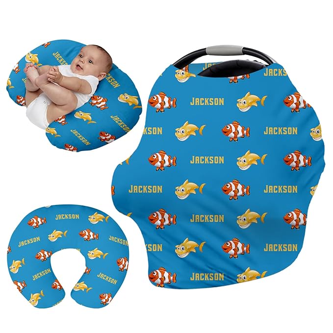 Custom Name Car Seat Canopy - Baby Car Seat Covers, Blue Fish Pattern Infant Stroller Cover, Carseat Canopy Christmas Birthday Gifts for Girls and Boys(27"x29")