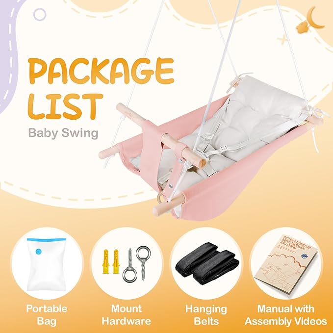 Canvas Baby Swing for Infants to Toddlers,Indoor Outdoor Wooden Hanging Swing Seat with Safety Belt and Mounting Hardware, Suitable for Ages Up to 3,Pink