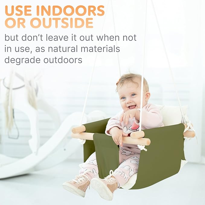 CaTeam - Canvas Baby Swing, Wooden Hanging Swing Seat Chair with Safety Belt, Durable Baby Swing Chair, Outdoor and Indoor Swing for Kids, Mounting Hardware Included, Green