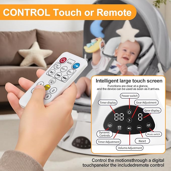 Baby Swing for Newborn to Toddler, 5 Speed Portable Infant Swing with Smart Touch Control, Remote Control, 10 Lullabies, Timer, 5 Point Harness and Soft Fabric (Grey)