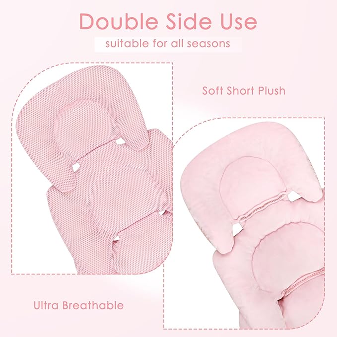 Infant Car Seat Insert for Newborn Girls Boys, Summer Mesh Baby Carseat Head Inserts with Strap Pads, Soft Reversible Baby Car Seat Insert Cushion Pad for Stroller, Bouncer, Swing, High Chair, Pink