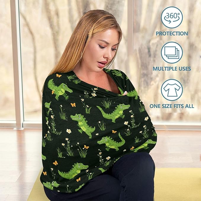 Cute Crocodile Baby Car Seat Covers Green Alligator Grass Carseat Canopy Soft Infant Stroller Cover Nursing Breastfeeding Covers for Girls Boys Newborn Fit Summer Spring Autumn