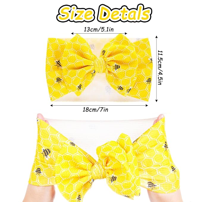 2Pcs Bee Baby Headband Yellow Hair Bows for Girls Large Spring Summer Flower Headband Toddler Girls Nylon Hair Accessories Big Bows Hairband