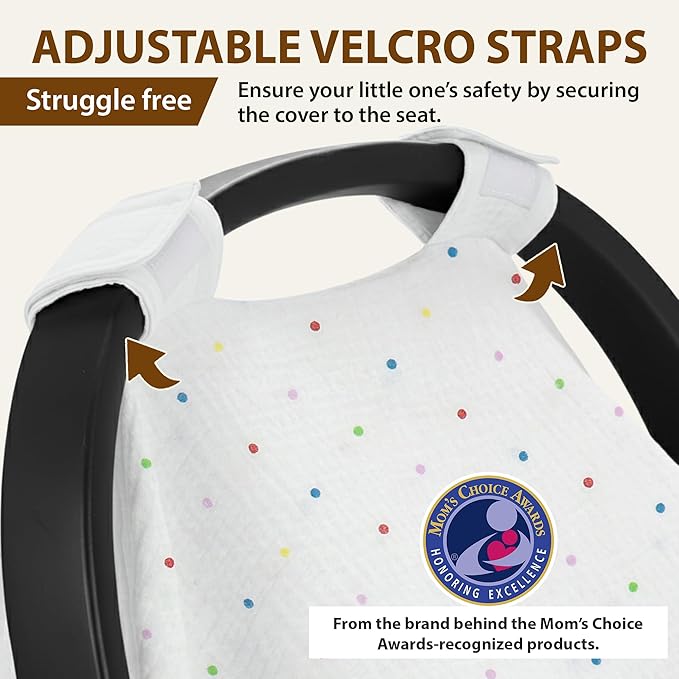 100% Organic Muslin Cotton Car Seat Cover 35 x 50 Inches Soft Touch Breathable Canopy, Protective Car Seat Cover Baby All Seasons Lightweight Car Seat Cover Travel Comfort (Multi-Color Dots)