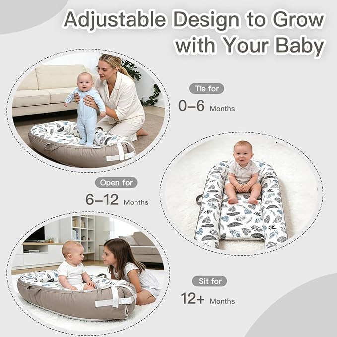 Infant Support Cushion | Baby Support Cushion for Newborn | Reversible, Adjustable & Portable Tummy Time Mat for Home and Travel | Soft, Breathable, Washable Cover | Grey Leaves
