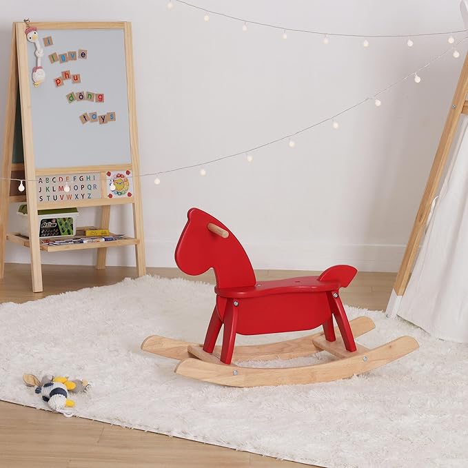 Red Wooden Rocking Horse Funny for Toddlers (Ages 2-4) - Solid Rubber Wood, Smooth Surface for Creative Decoration, Minimalist Rocking Horse, Vintage