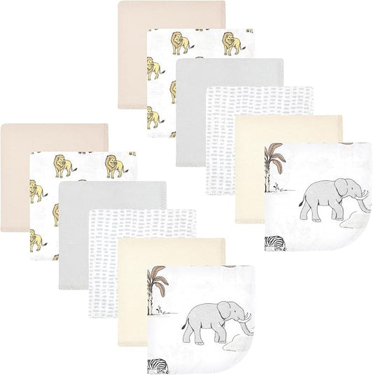 Hudson Baby Unisex Baby Flannel Cotton Washcloths 12-Pack, Neutral Safari World, One Size