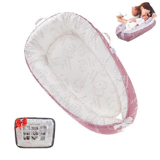 Baby Lounger for Newborn (0-24 Months) - 100% Cotton Baby Nest with Handles, 2-in-1 Play Mat & Diaper Changing Pad, Portable for Home & Travel, Infant Essentials Gifts (Elephant Pink)