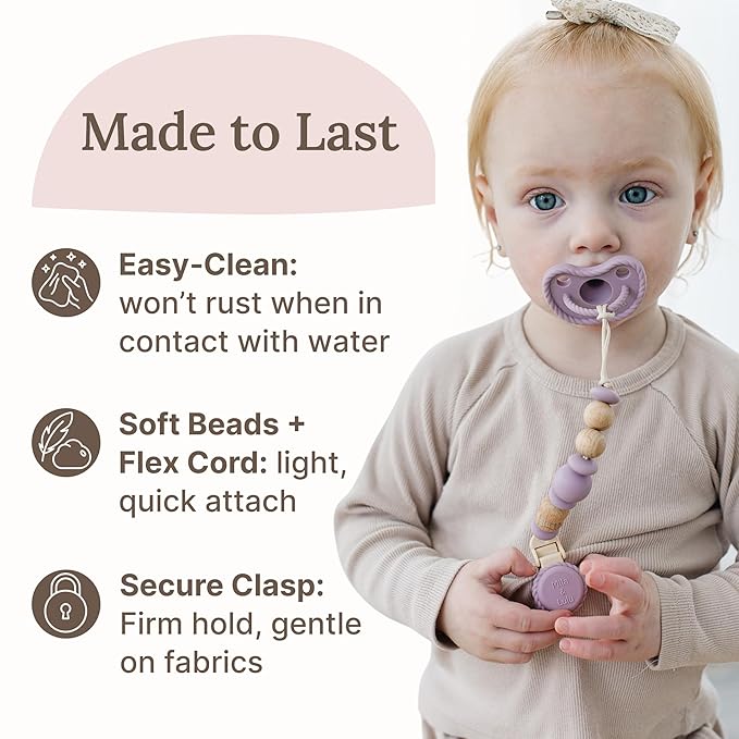 Silicone Pacifier Clip – Metal-Free, Rust-Free, 100% Food-Grade Silicone and Natural Beech Wood, Secure Pacifier Holder for Babies– Mauve - Mila & Lulu