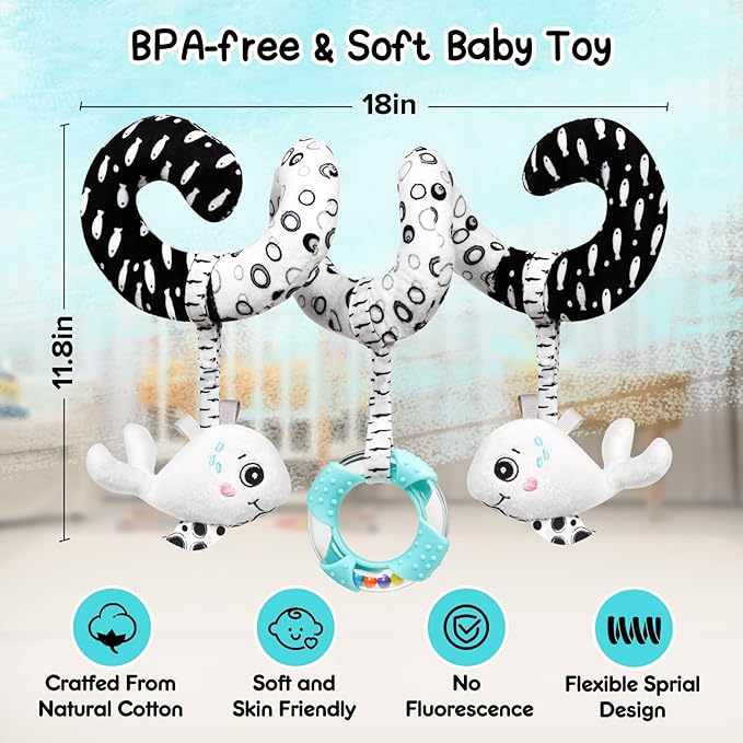 GKDOMS Baby Spiral Hanging Stroller and Car Seat Toys Black and White High Contrast Sensory Toy Newborn Plush Activity Toys Party Favors Quality Gifts for Baby Shower-Whale