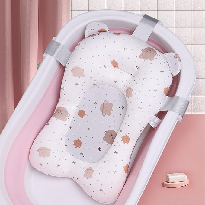 Soft Baby Bath Mat for Newborn, Quick-Dry Bath Cushion with Support Pillow for Safe Comfortable Bath Time, White