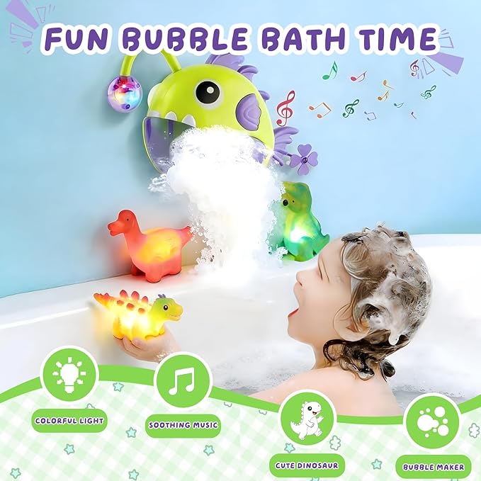 Baby Bath Toys for Toddlers, Light Up Fish Bubble Machine with 3 Dinosaur Water-Activated Toys, Shower Bathtub Toys for Kids Ages 3-8, Birthday Gift Easter for Boys Girls (Green)