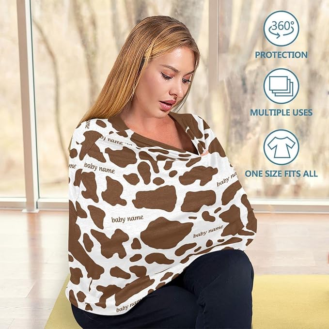Personalized Baby Car Seat Cover for Babies, Custom Name Baby Car Seats Canopy for Boys Girls, Nursing Breastfeeding Stroller Covers for Infant Newborn, Shower Gift (Cow Print Brown)