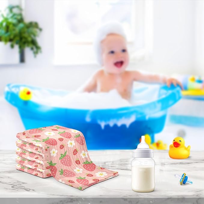 Moudou Strawberry Baby Muslin Washcloths 3 Pack, Absorbent Soft Cotton Baby Bath Face Towels Burp Cloths for Newborn Boys Girls, 12 x 12 Inch