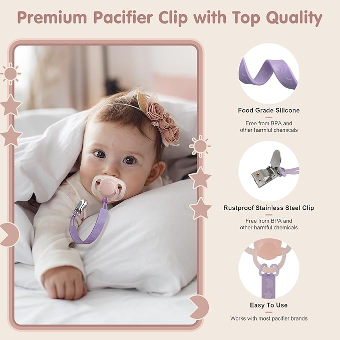 Silicone Pacifier Clip Holder for Baby Girls and Boys, Pack of 6 Soft Flexible Paci Binky Clips with One Piece Design
