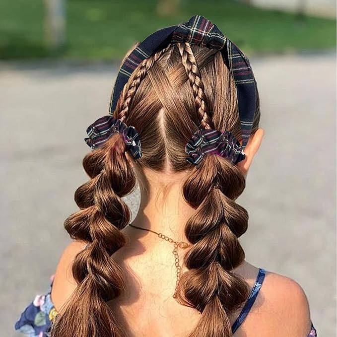 5 Pcs Plaid Headband Set with Hair Knotted Scrunchies Bow, Padded Headbands for Women, Christmas Hair Bows & Clips Accessories for Girls (Black)