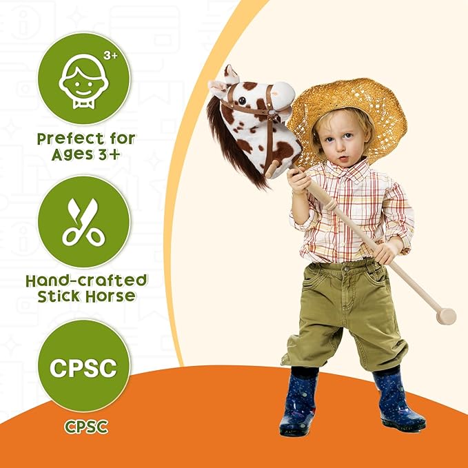 HollyHOME Stick Horse Plush Handcrafted Hobby Horse on a Stick with Wood Wheels Real Pony Neighing and Galloping Sounds for Kids Toddlers Appaloosa 36 Inches (AA Batteries Required)