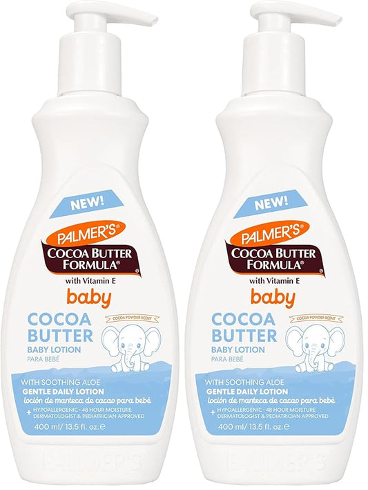 Palmer's Baby Lotion, Cocoa Butter Formula Body Lotion, 13.5 Fl Oz, Gentle Moisturizer for Delicate Skin with Vitamin E & Aloe, Hypoallergenic, 48Hr Dermatologist Tested Baby Essentials,(Pack of 2)