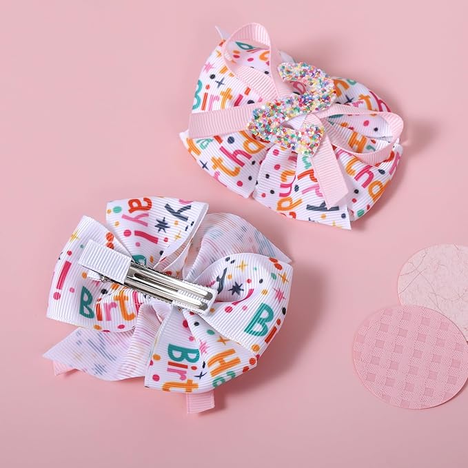 3.5" Glitter Happy Birthday Hair Bow Clips for Baby Girls 1 2 3 4 5 Years Cute Pink Sprinkle Confetti Ice Cream Party Dress Pigtail Decoration Accessories Gift for Her 2nd Birthday